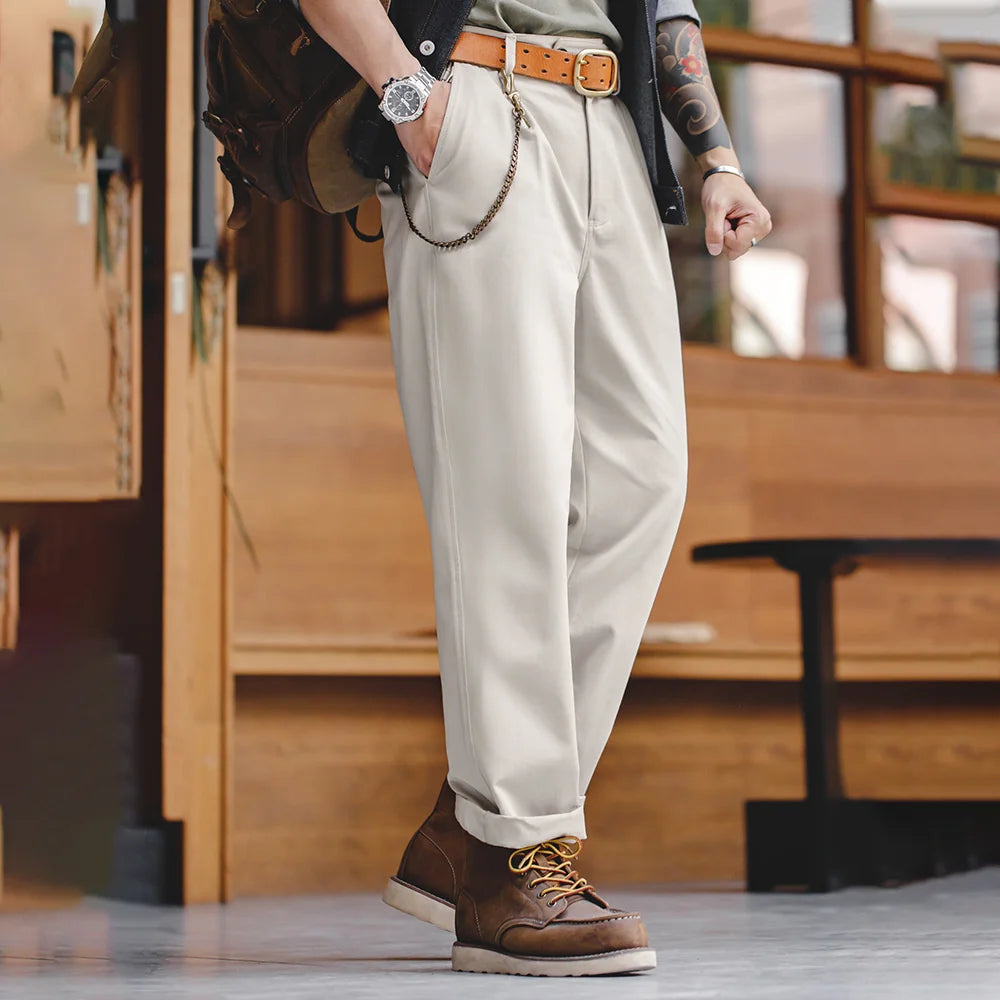 Maden Vintage Gentleman Naples Pants Korea Fashion Casual Paris Button Straight Wide Trousers 100% Cotton Solid Work Suit Pants