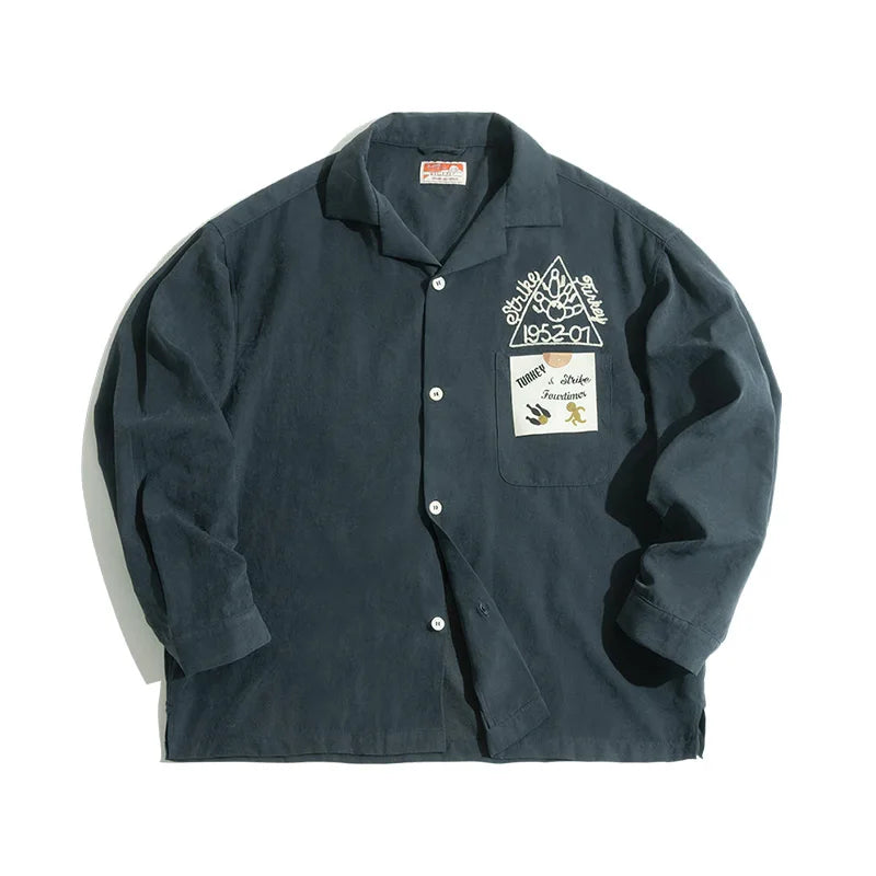 Maden Retro Dark Green Peach-skin Velvet Shirts for Men Embroidery Pattern Loose Lapel Long Sleeve Shirt Fall Outerwear Clothing