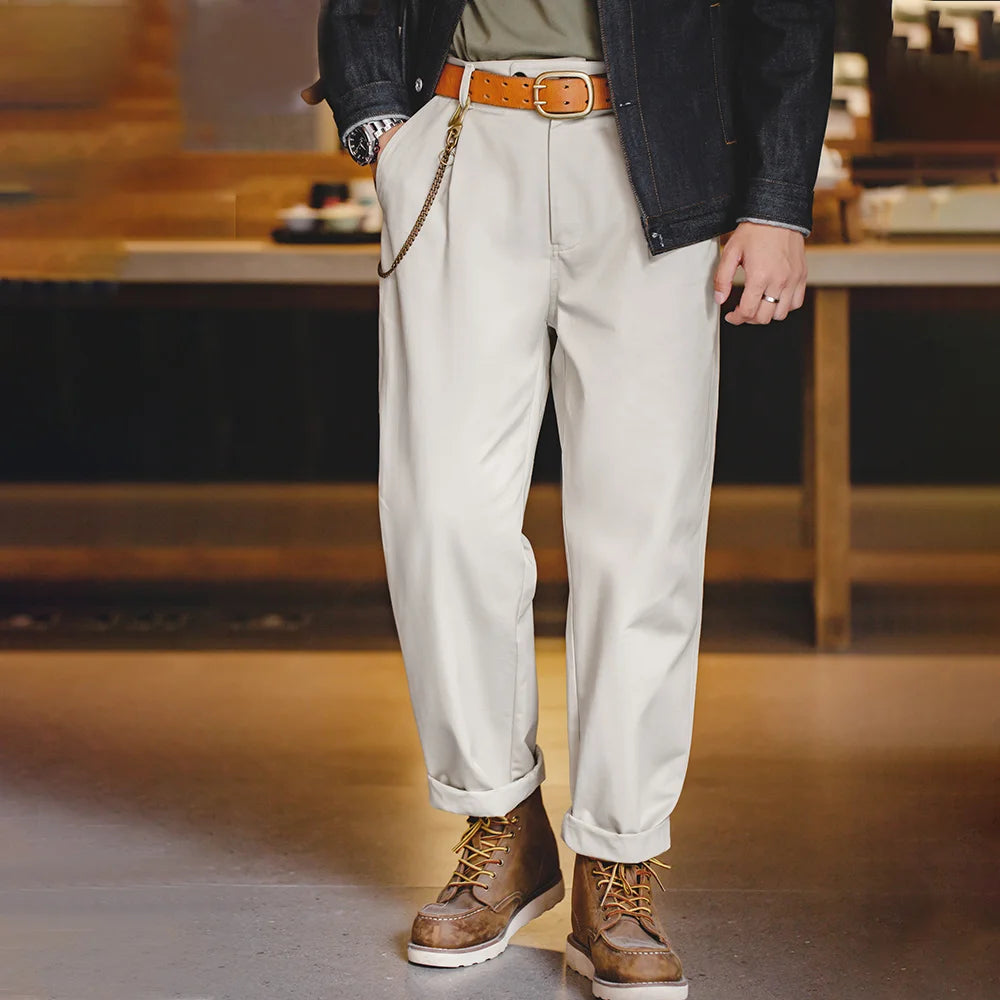 Maden Vintage Gentleman Naples Pants Korea Fashion Casual Paris Button Straight Wide Trousers 100% Cotton Solid Work Suit Pants