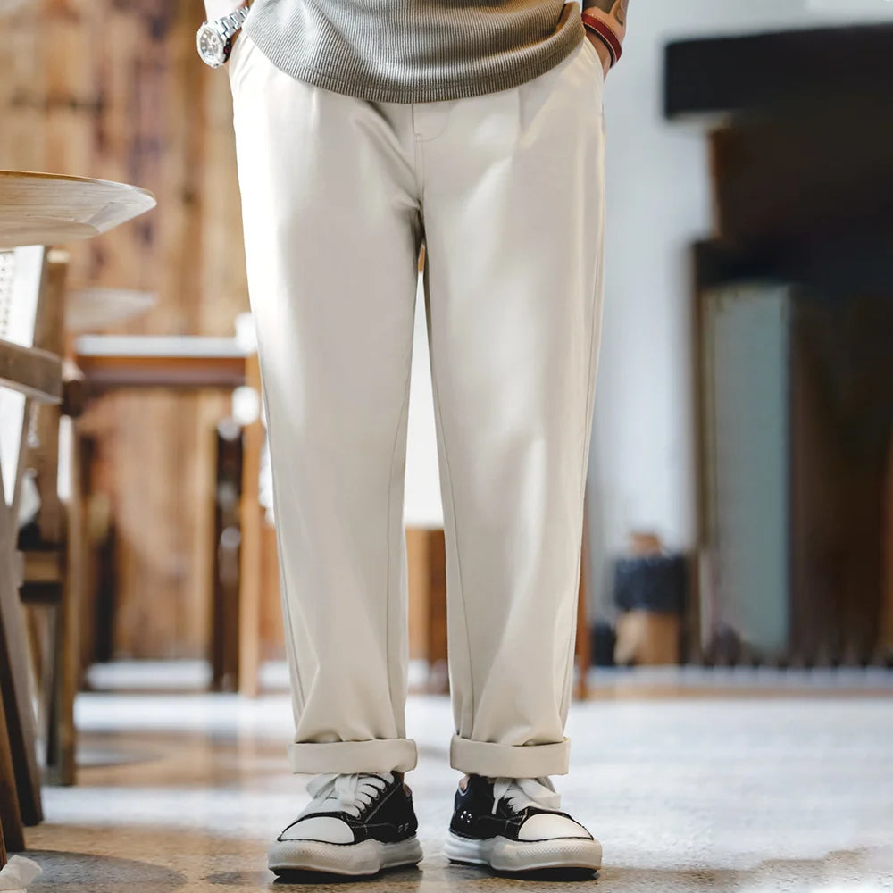 Maden Vintage Gentleman Naples Pants Korea Fashion Casual Paris Button Straight Wide Trousers 100% Cotton Solid Work Suit Pants