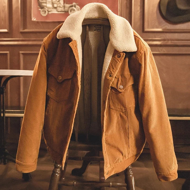 Maden Faux Lamb Wool Corduroy Jacket for Men Ginger Color Thickened Lapel Single-breasted Coat Fall and Winter Warm Jacket