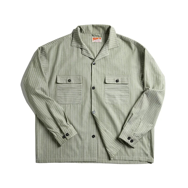 Maden Vintage Men's Striped Cuban Collar Shirts with Pockets Long-sleeved Blouses for Spring and Fall Versatile Trend Tops