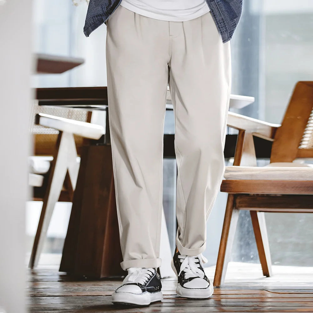 Maden Vintage Gentleman Naples Pants Korea Fashion Casual Paris Button Straight Wide Trousers 100% Cotton Solid Work Suit Pants