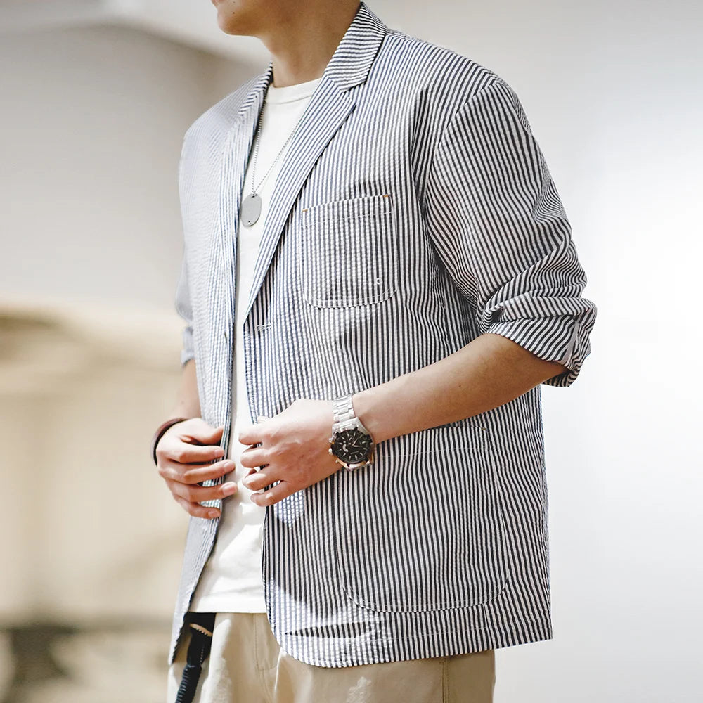 Maden New Vintage Casual Seersucker Striped Suit Jacket Cityboy Flat Lapel Loose Outwear for Men's Spring And Autumn