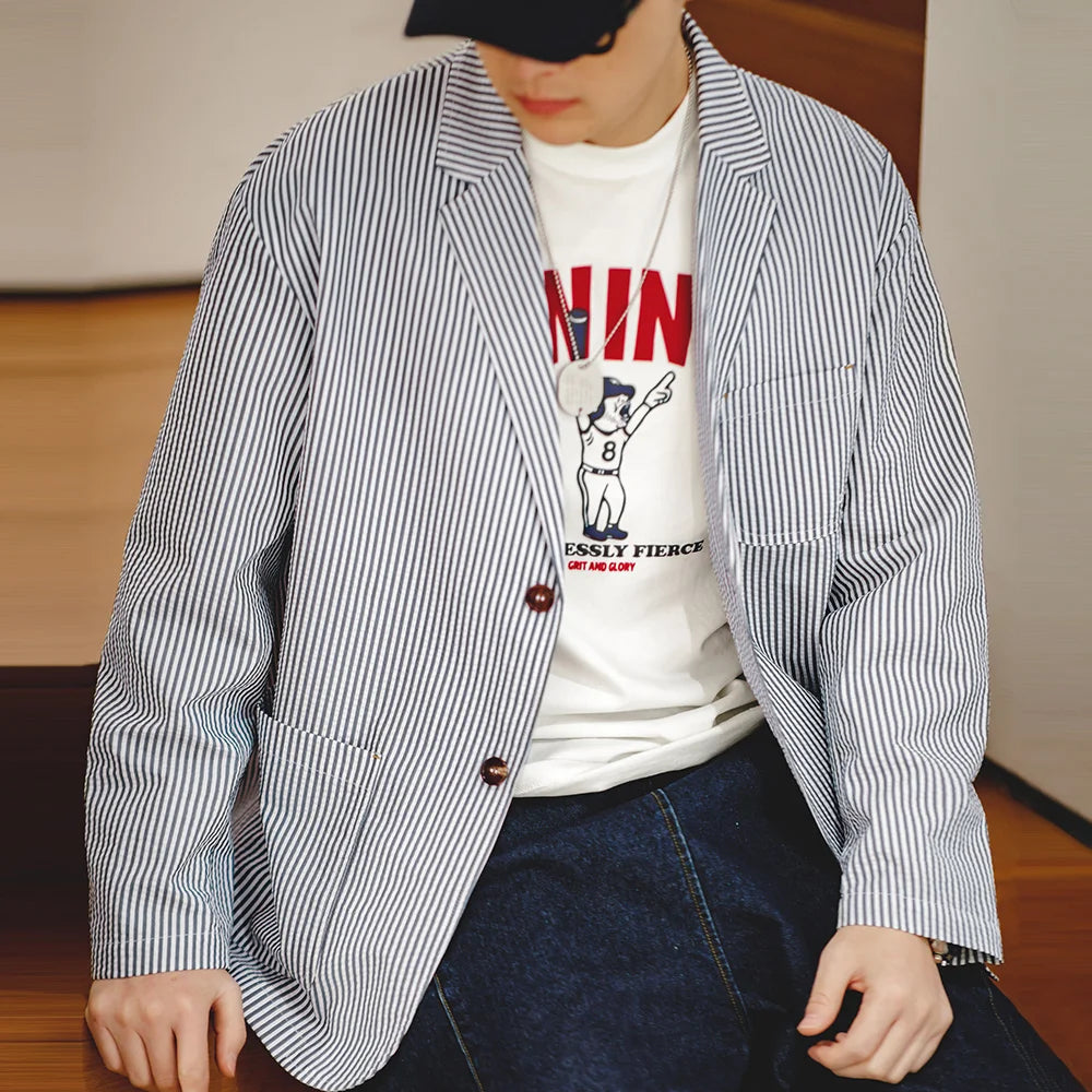 Maden New Vintage Casual Seersucker Striped Suit Jacket Cityboy Flat Lapel Loose Outwear for Men's Spring And Autumn