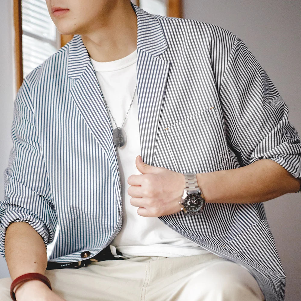 Maden New Vintage Casual Seersucker Striped Suit Jacket Cityboy Flat Lapel Loose Outwear for Men's Spring And Autumn
