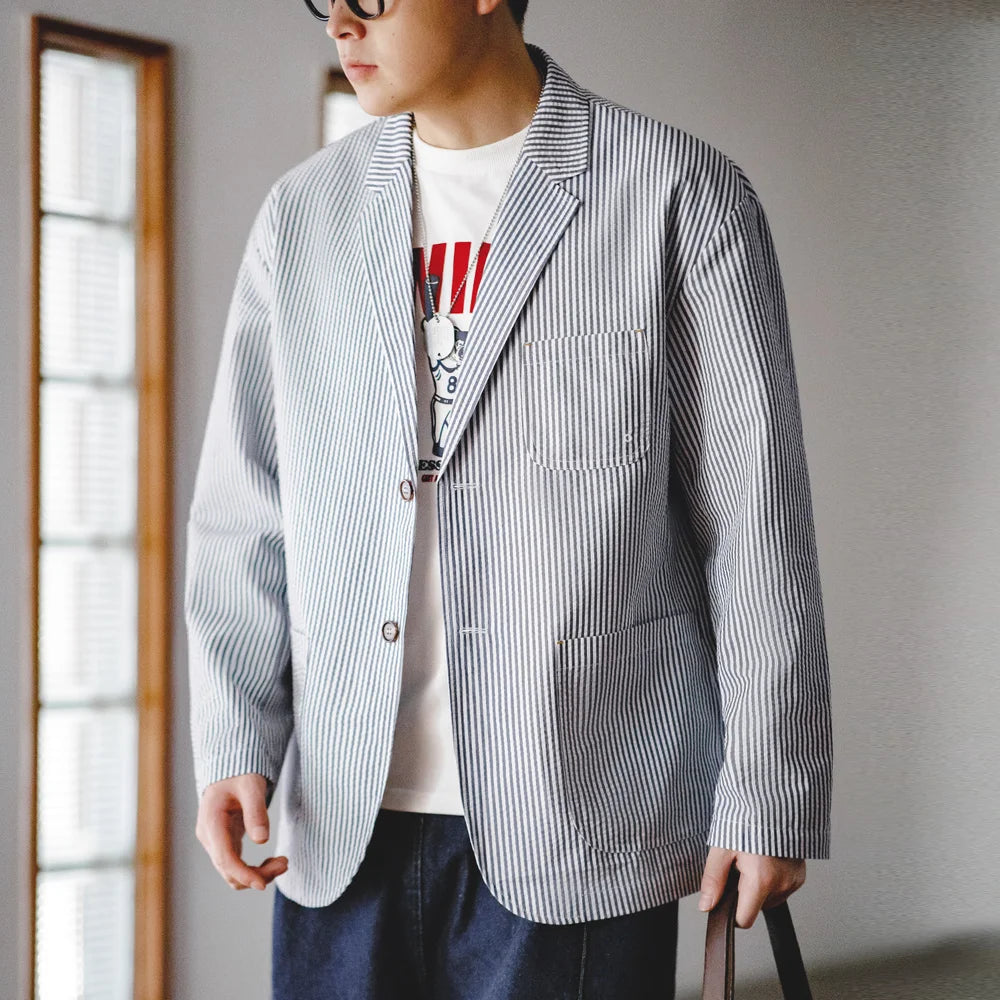 Maden New Vintage Casual Seersucker Striped Suit Jacket Cityboy Flat Lapel Loose Outwear for Men's Spring And Autumn