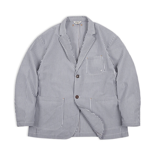 Maden New Vintage Casual Seersucker Striped Suit Jacket Cityboy Flat Lapel Loose Outwear for Men's Spring And Autumn