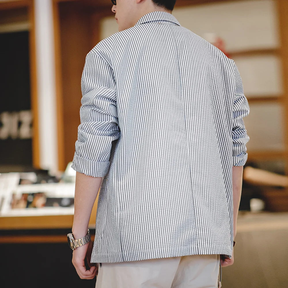 Maden New Vintage Casual Seersucker Striped Suit Jacket Cityboy Flat Lapel Loose Outwear for Men's Spring And Autumn
