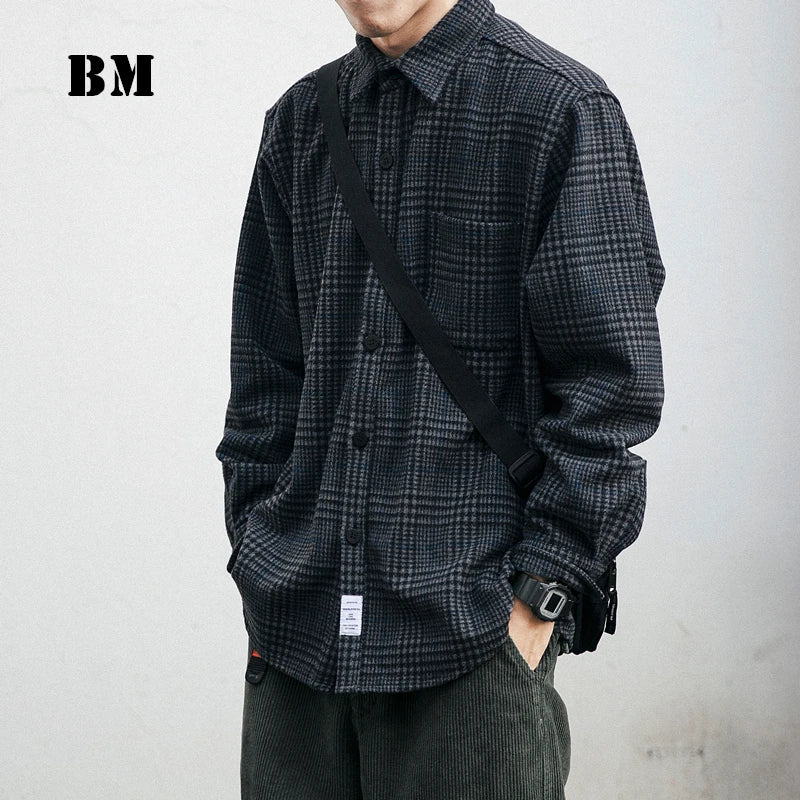 High Quality Thick Woolen Shirt Men Clothing Japanese Streetwear Lapel Long Sleeve Casual Plaid Top Harajuku Coats Male