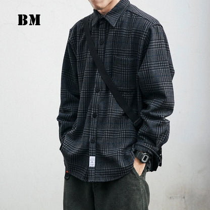 High Quality Thick Woolen Shirt Men Clothing Japanese Streetwear Lapel Long Sleeve Casual Plaid Top Harajuku Coats Male