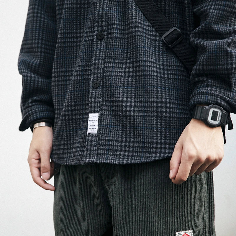 High Quality Thick Woolen Shirt Men Clothing Japanese Streetwear Lapel Long Sleeve Casual Plaid Top Harajuku Coats Male