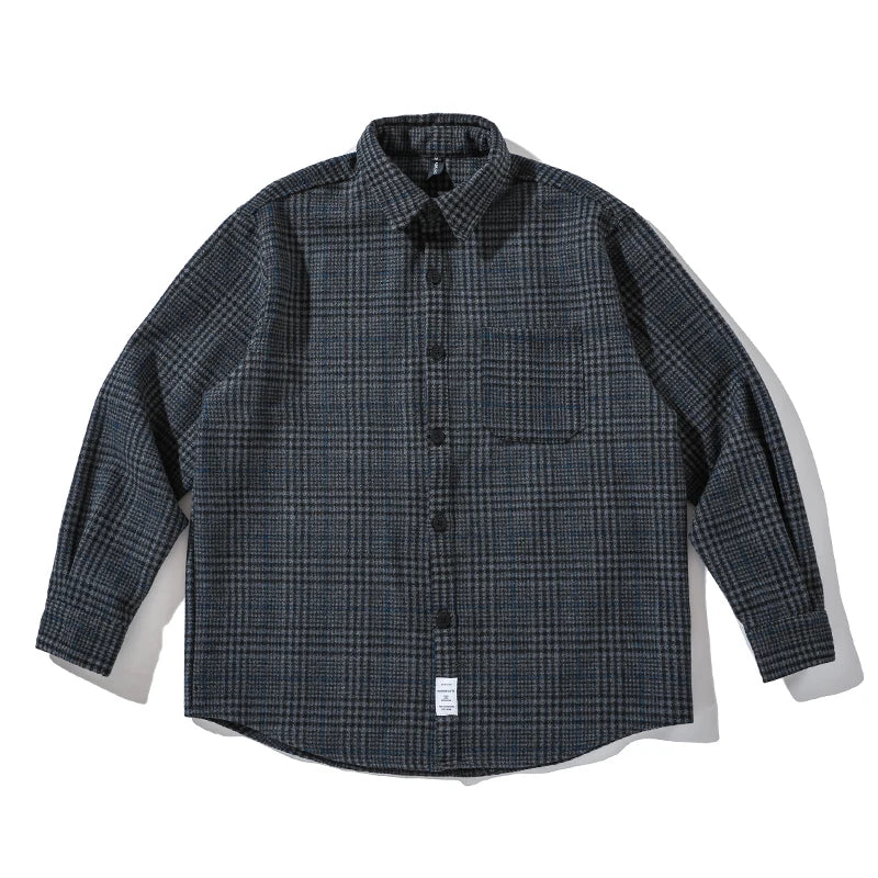 High Quality Thick Woolen Shirt Men Clothing Japanese Streetwear Lapel Long Sleeve Casual Plaid Top Harajuku Coats Male