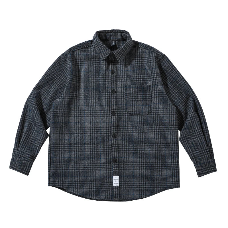 High Quality Thick Woolen Shirt Men Clothing Japanese Streetwear Lapel Long Sleeve Casual Plaid Top Harajuku Coats Male