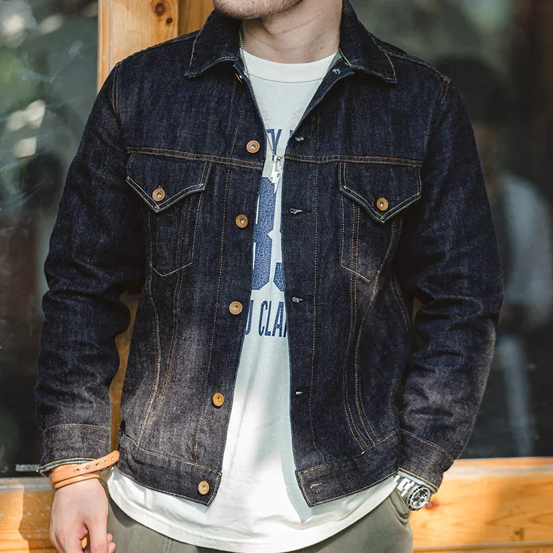 Maden Classic 14.8OZ Type III Jacket for Men Slim-fit Denim Jacket Exposed Seam Patch Pocket Design Vintage Washed Dark Blue