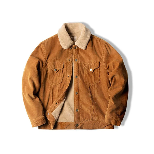 Maden Faux Lamb Wool Corduroy Jacket for Men Ginger Color Thickened Lapel Single-breasted Coat Fall and Winter Warm Jacket