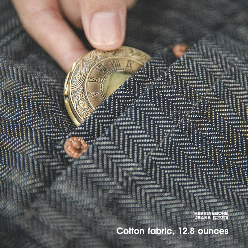 Maden Men's Vintage Gray Vertical Stripe Jeans 12.8OZ Mid-rise Straight Pants Amekaji Tapered Jeans Male Autumn Cotton Pants