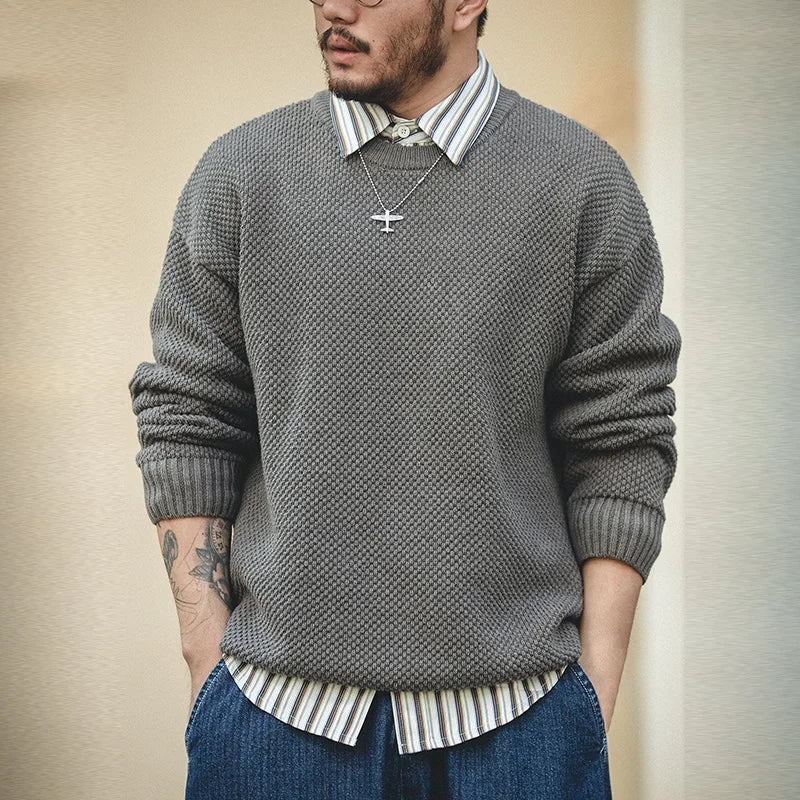 Vintage Gray Sweater, Chunky Knit Pullover, Round Neck