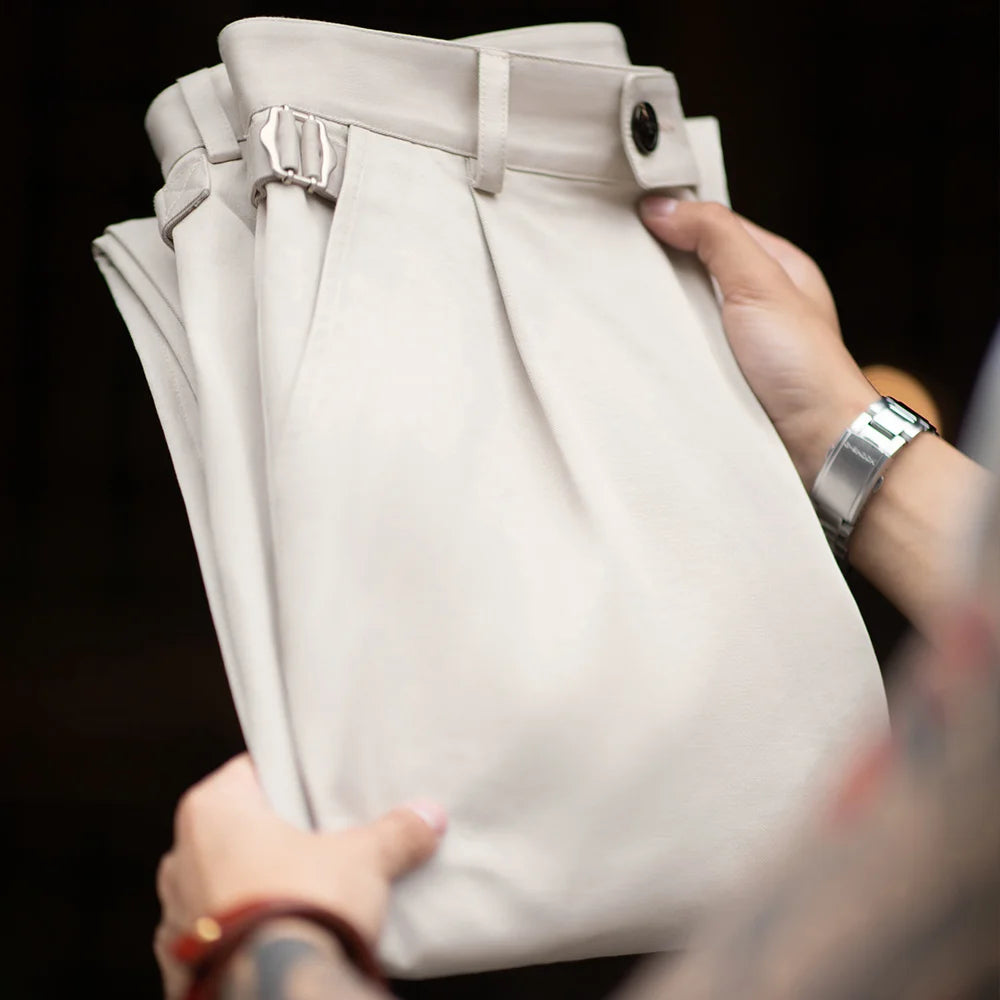 Maden Vintage Gentleman Naples Pants Korea Fashion Casual  Paris Button Straight Wide Trousers 100% Cotton Solid Work Suit Pants