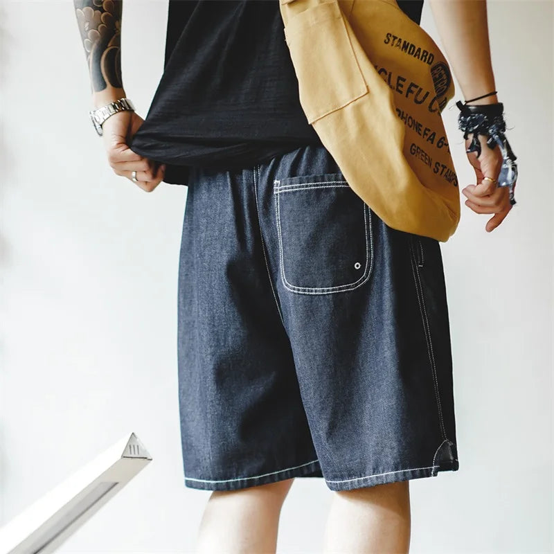 Maden Workwear American Casual Ice Leather Denim Shorts Denim Cool Fit Loose Straight Leg Half Pants Men's Summer