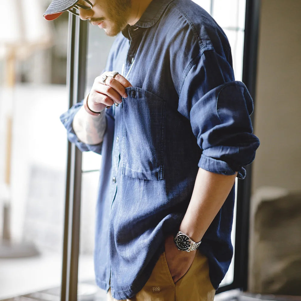 Maden 2023 Autumn Men's Vintage Tencel Denim Shirts Amekaji Lycra Long Sleeve CPO Shirt Jacket Uncle Fu Brand Luxury Jean Blouse