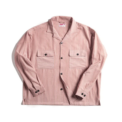Maden Vintage Men's Striped Cuban Collar Shirts with Pockets Long-sleeved Blouses for Spring and Fall Versatile Trend Tops