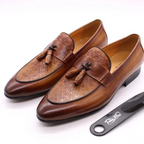 FELIX CHU Men's Genuine Leather Tassel Loafers Italian Luxury Fashion Slip-On Dress Shoes for Parties Weddings Casual Wear