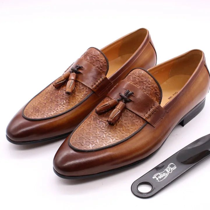 FELIX CHU Men's Genuine Leather Tassel Loafers Italian Luxury Fashion Slip-On Dress Shoes for Parties Weddings Casual Wear