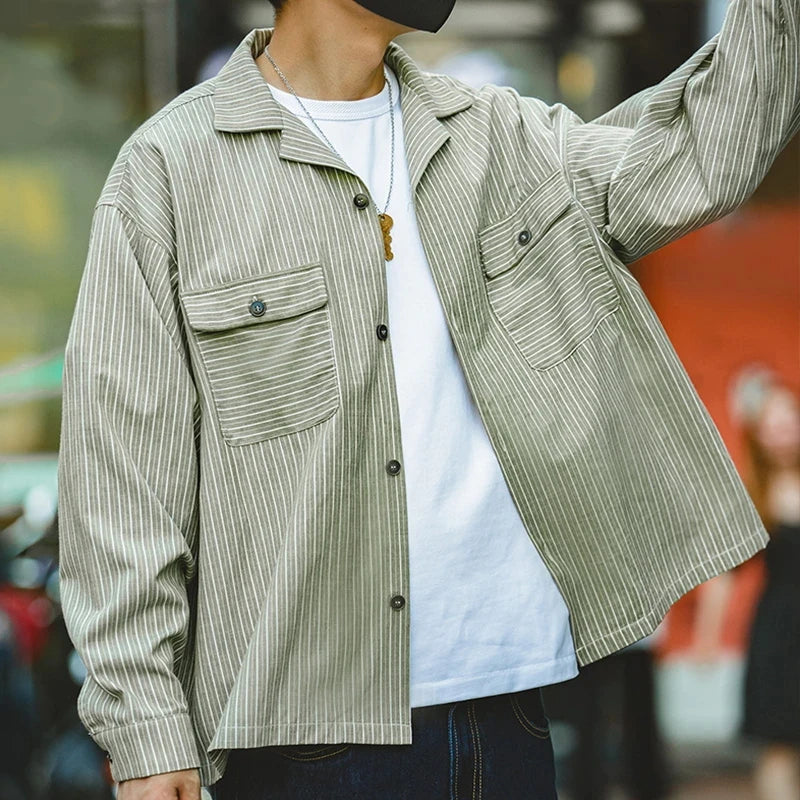 Maden Vintage Men's Striped Cuban Collar Shirts with Pockets Long-sleeved Blouses for Spring and Fall Versatile Trend Tops