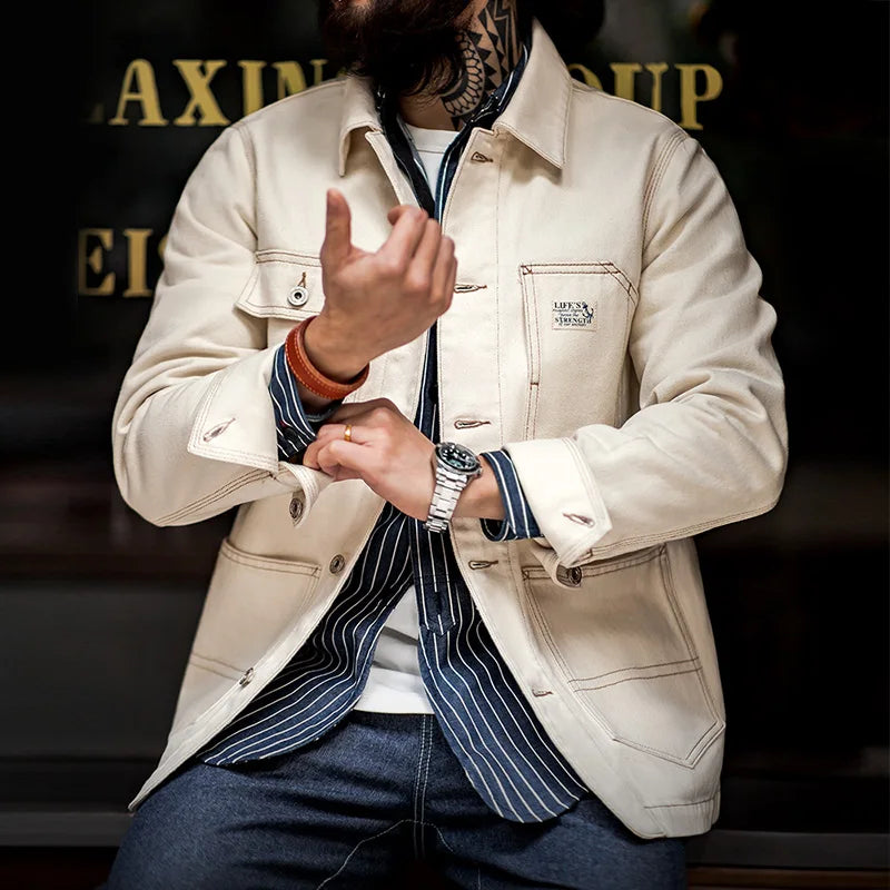 Maden Men's Vintage Classic Work Jacket Four Pockets and Five Buttons Male Spring and Autumn Beige Jacket Cotton Seed Husk Top