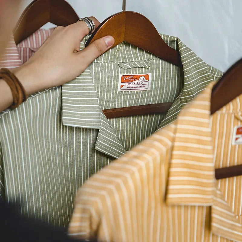Maden Vintage Men's Striped Cuban Collar Shirts with Pockets Long-sleeved Blouses for Spring and Fall Versatile Trend Tops
