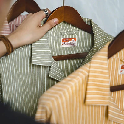 Maden Vintage Men's Striped Cuban Collar Shirts with Pockets Long-sleeved Blouses for Spring and Fall Versatile Trend Tops