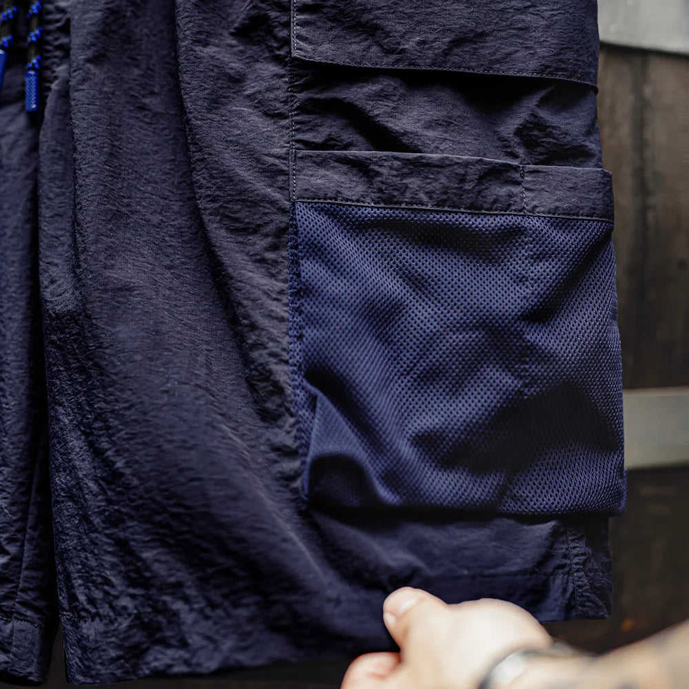 Maden Men's Quick-Dry Patchwork Cargo Shorts Lightweight Outdoor Multi-Pocket Stretch Elastic Waist Pants Blue Casual Bottoms