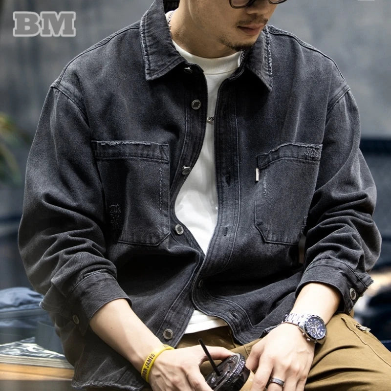 Japanese Vintage Distressed Cargo Shirts For Men Harajuku High Quality Casual Denim Shirt Plus Size Korean Fashion Coat Male
