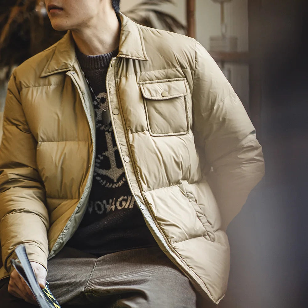 Maden Casual 90% White Duck Down Jacket Lightweight Warm Cold-resistant Single-breasted Lapel Puffer Jacket Men Winter Outerwear