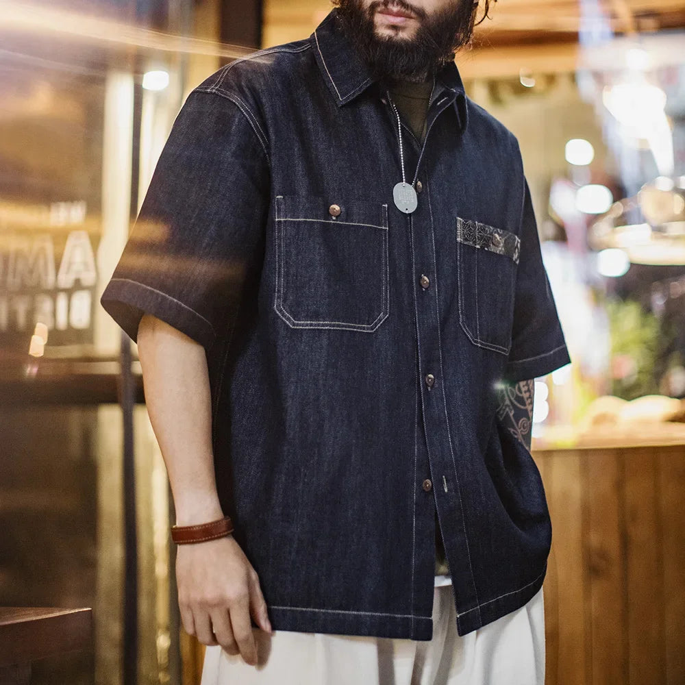 Maden Men's Summer Retro Boro Denim Short Sleeve Shirt Indigo Dyed Lapel Single Breasted Casual Overshirt Street Outfits Blouse