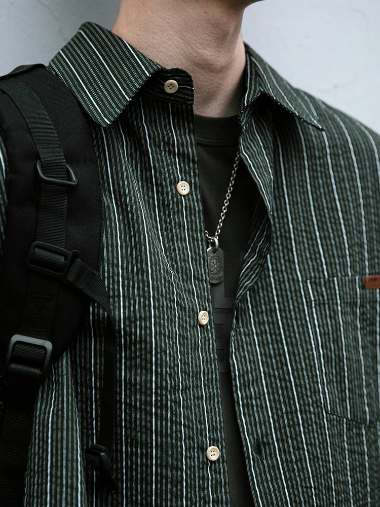 Japanese Vintage Men Summer Casual Shirt Short Sleeve Oversized Striped Pure Cotton Loose Fit Trendy Breathable High Quality Top