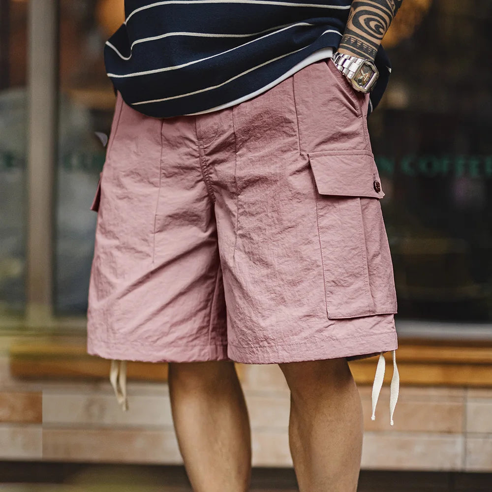 Maden Outdoor Quick-Dry Pink Cargo Shorts Men's Summer Lightweight Woven Elastic Waist Shorts Loose Straight Bottoms for Sports