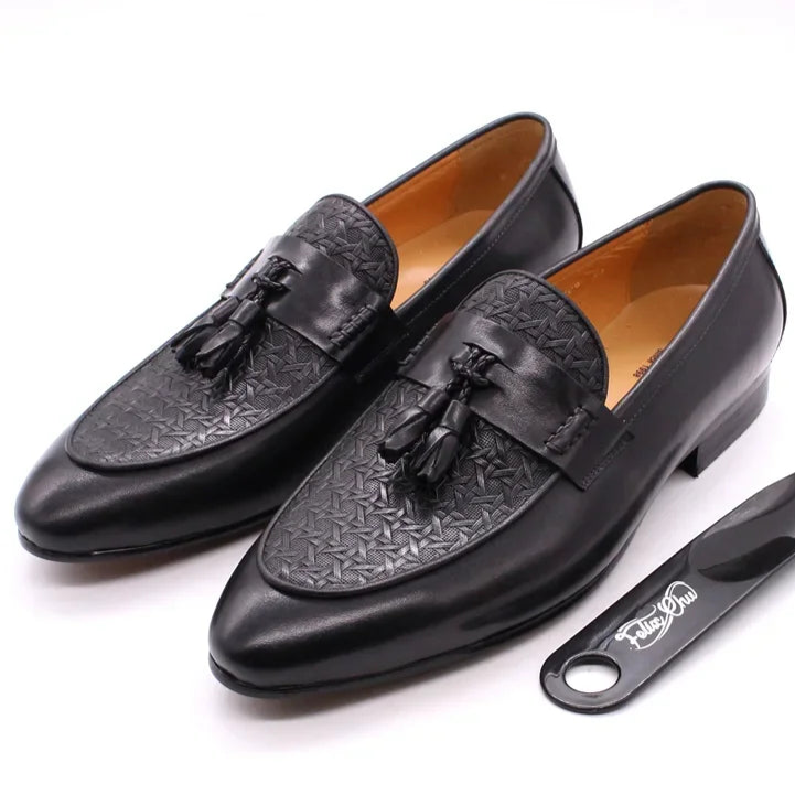 FELIX CHU Men's Genuine Leather Tassel Loafers Italian Luxury Fashion Slip-On Dress Shoes for Parties Weddings Casual Wear