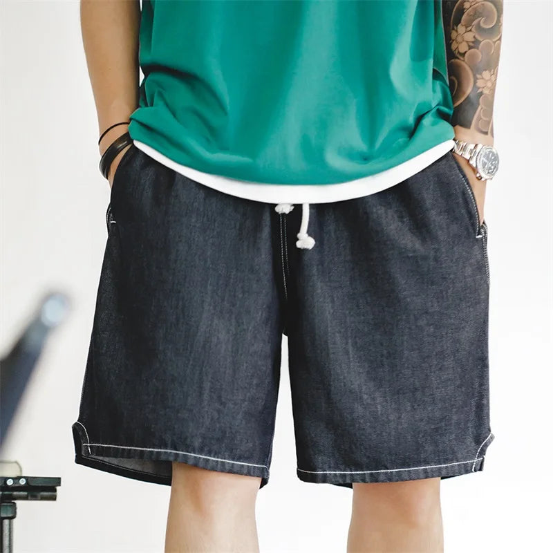 Maden Workwear American Casual Ice Leather Denim Shorts Denim Cool Fit Loose Straight Leg Half Pants Men's Summer