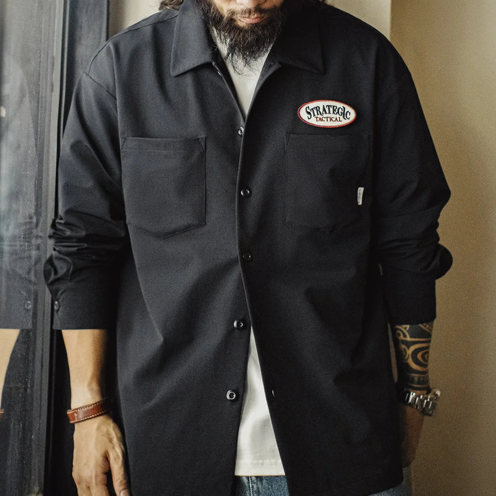 Maden Men Vintage Black Woven Long Sleeve Utility Shirt with Chest Pockets Lightweight Blouse Single-Breasted Overshirt for Fall