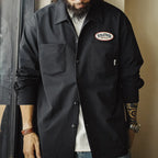 Maden Men Vintage Black Woven Long Sleeve Utility Shirt with Chest Pockets Lightweight Blouse Single-Breasted Overshirt for Fall