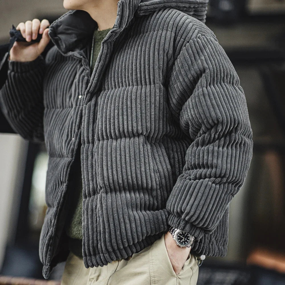 Maden Men's Corduroy Down Jacket Winter Thickened Warm Striped Hooded Coat Vintage Padded Jackets Removable Hood Black Clothing