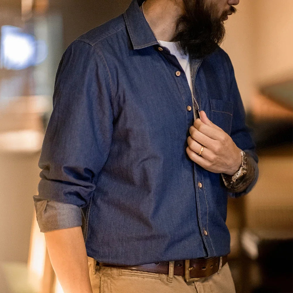 Maden Vintage Long Sleeved Men Denim Shirt Single Pocket Workwear Slim Fit Casual Shirt Single Breasted Turn-Down Collar Blouse