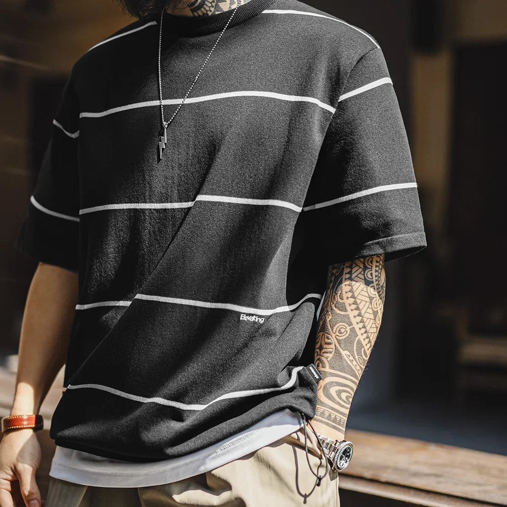 Maden New Casual Black and White Striped Short Sleeve T-Shirt Men's Summer Loose Fit Crew Neck Tee Street Versatile Classic Tops