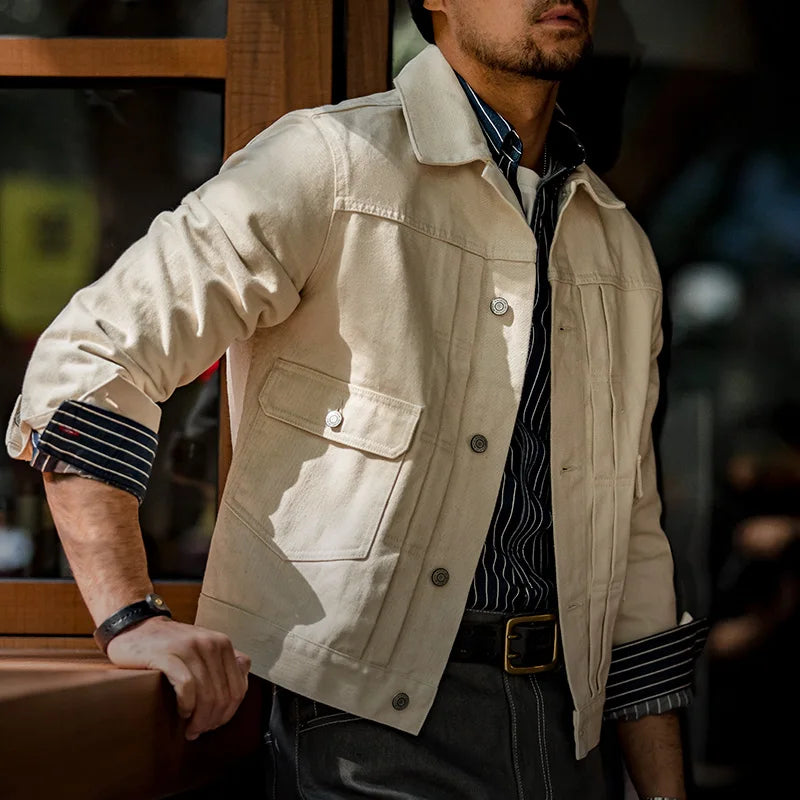 Maden Retro Type II Denim Jackets Beige Cotton Washed Denim Coats for Men's Autumn Versatile Single-breasted Lapel Outwear