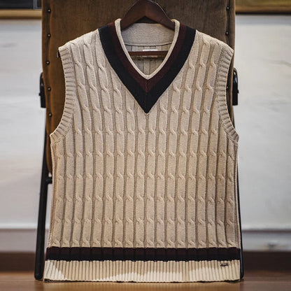 Maden Retro Ivy Knit V-Neck Sweaters Vest Color-Block Sleeveless Classic Versatile Men's Khaki Tops with Preppy Style for Autumn