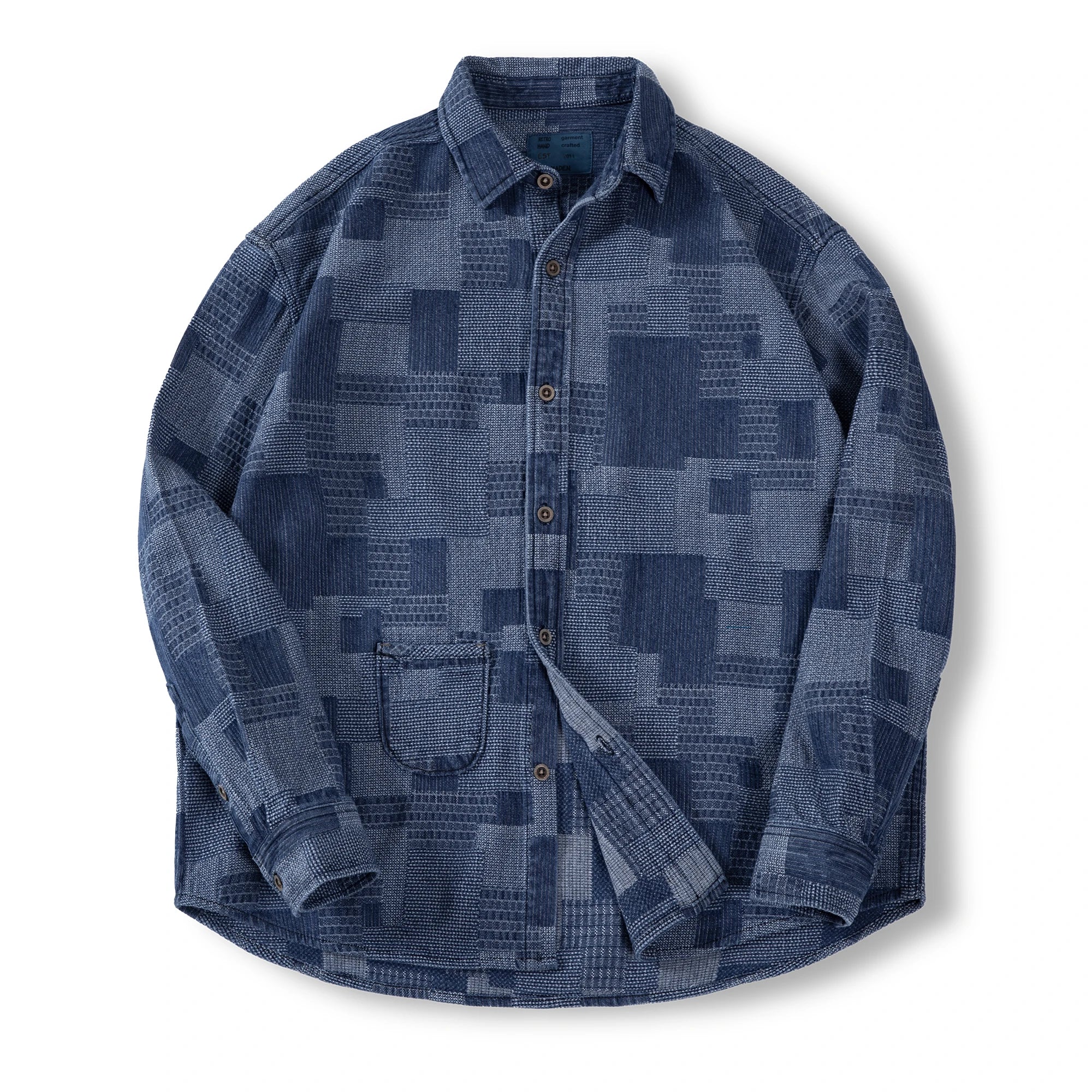 Maden Japanese Retro Boro Denim Shirts for Men Jacquard Patchwork Long-Sleeve Button Down Shirt Jacket Oversize Spring Outerwear