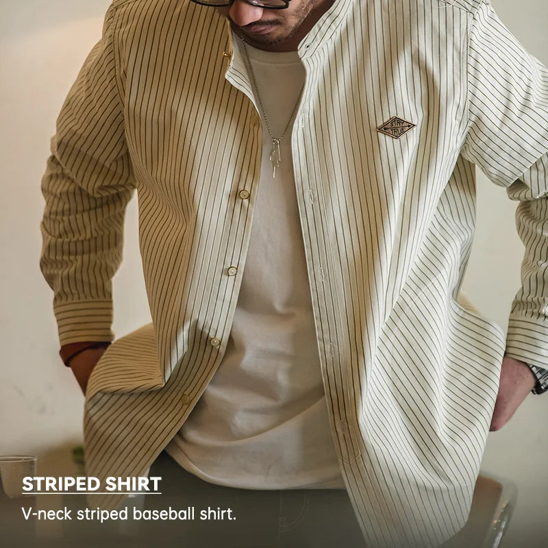 Maden Vintage Striped Long Sleeve Shirts Korea Styel Men's Loose Cotton Baseball Shirt Uncle Fu Male Clothes Plus Size Blouses