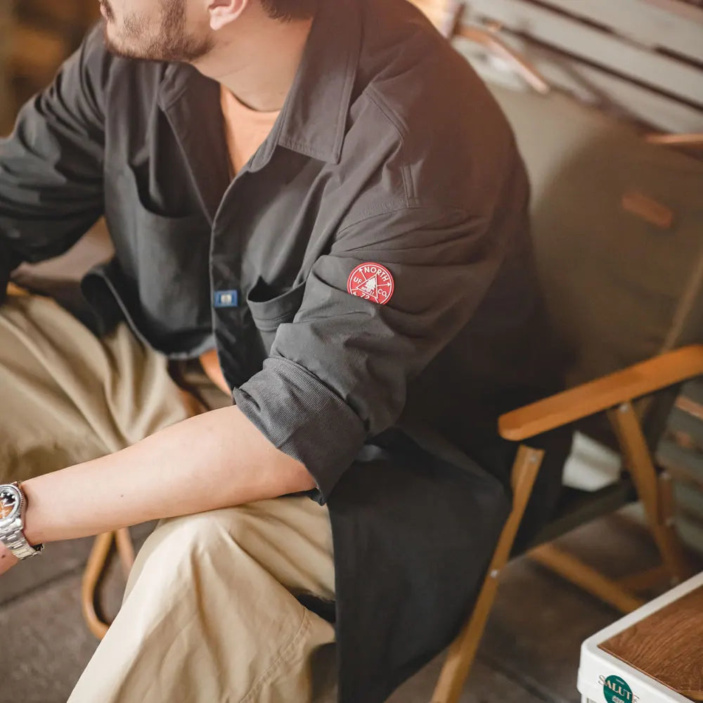 Maden Wrinkle-resistant Subtle Stripe Shirts for Men Outdoor Dark Gray Long-sleeved Loose Fit Shirt Autumn Pockets Shirts Jacket